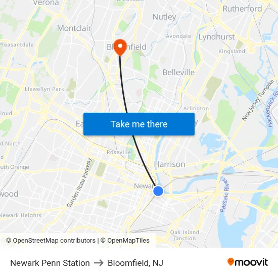 Newark Penn Station to Bloomfield, NJ map