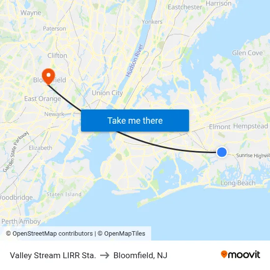 Valley Stream LIRR Sta. to Bloomfield, NJ map