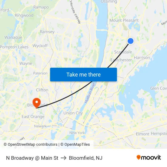 N Broadway @ Main St to Bloomfield, NJ map