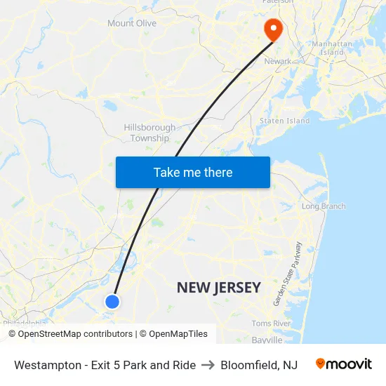 Westampton - Exit 5 Park and Ride to Bloomfield, NJ map