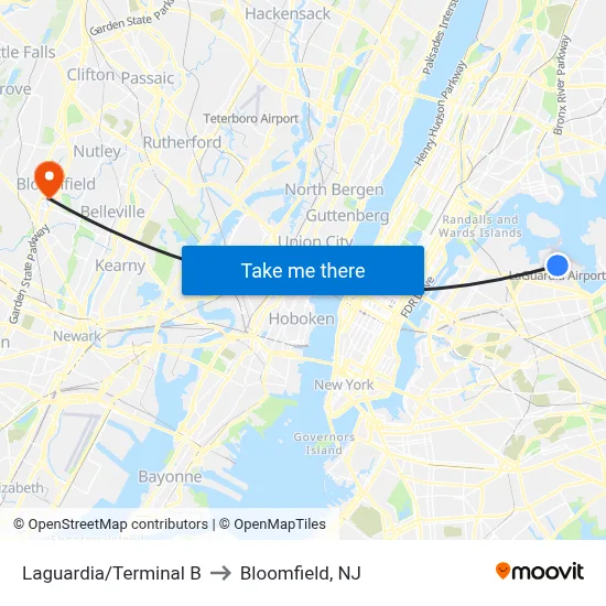 Laguardia/Terminal B to Bloomfield, NJ map