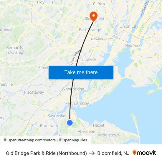 Old Bridge Park & Ride (Northbound) to Bloomfield, NJ map