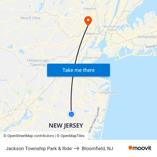Jackson Township Park & Ride to Bloomfield, NJ map