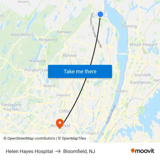 Helen Hayes Hospital to Bloomfield, NJ map