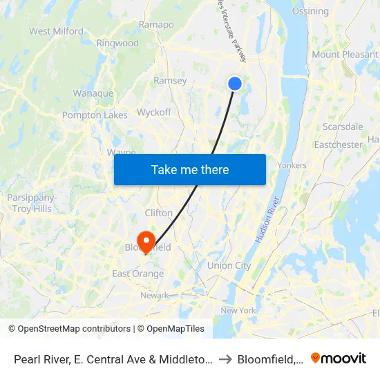 Pearl River, E. Central Ave & Middletown Rd to Bloomfield, NJ map