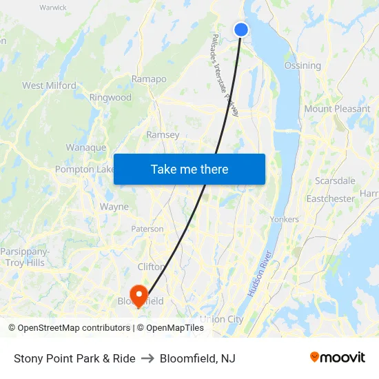 Stony Point Park & Ride to Bloomfield, NJ map
