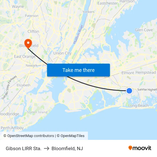 Gibson LIRR Sta. to Bloomfield, NJ map