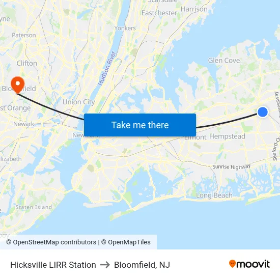 Hicksville LIRR Station to Bloomfield, NJ map