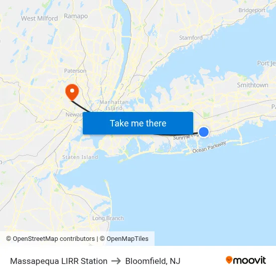 Massapequa LIRR Station to Bloomfield, NJ map