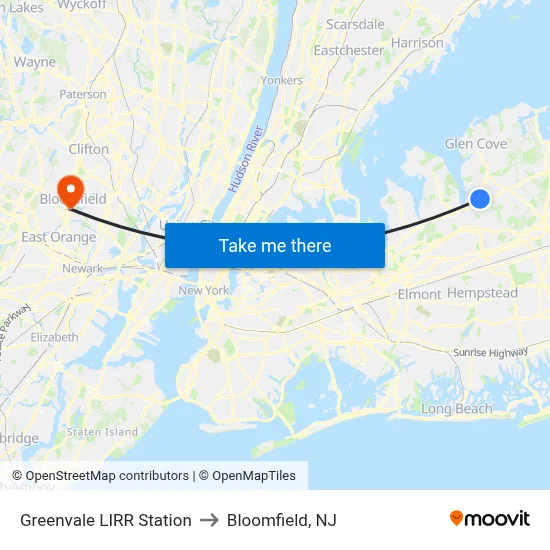 Greenvale LIRR Station to Bloomfield, NJ map