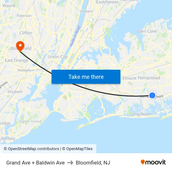 Grand Ave + Baldwin Ave to Bloomfield, NJ map