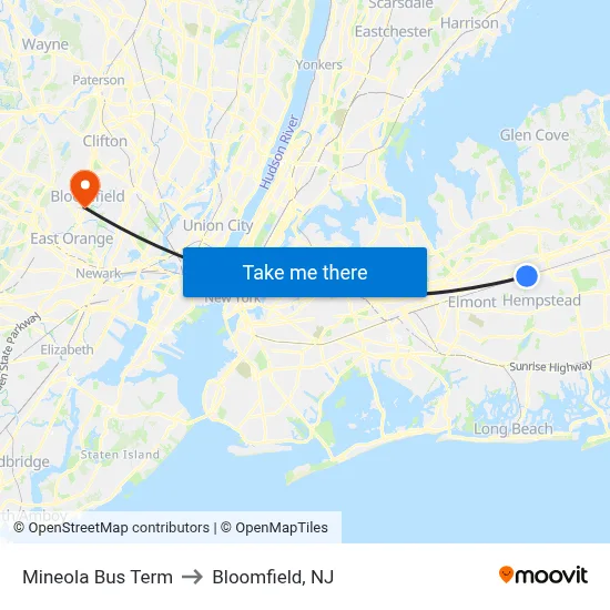 Mineola Bus Term to Bloomfield, NJ map