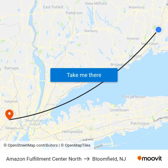 Amazon Fulfillment Center North to Bloomfield, NJ map