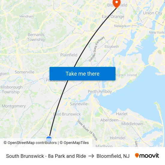 South Brunswick - 8a Park and Ride to Bloomfield, NJ map