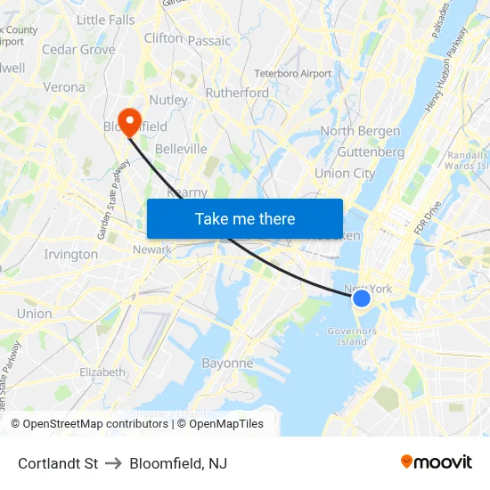 Cortlandt St to Bloomfield, NJ map