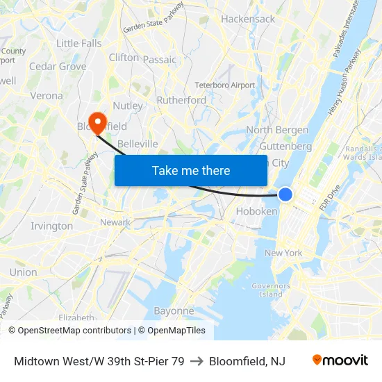 Midtown West/W 39th St-Pier 79 to Bloomfield, NJ map