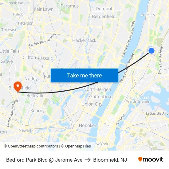 Bedford Park Blvd @ Jerome Ave to Bloomfield, NJ map