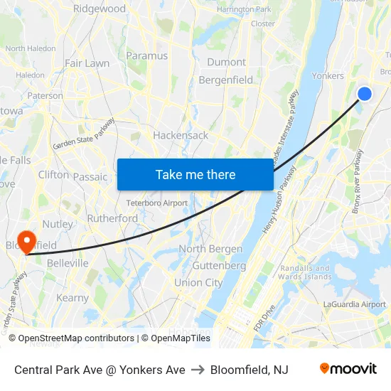 Central Park Ave @ Yonkers Ave to Bloomfield, NJ map
