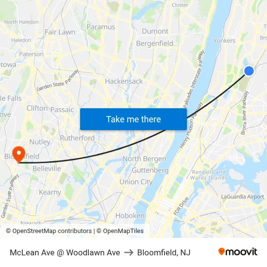 McLean Ave @ Woodlawn Ave to Bloomfield, NJ map