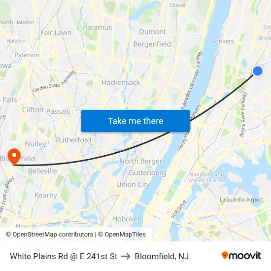 White Plains Rd @ E 241st St to Bloomfield, NJ map