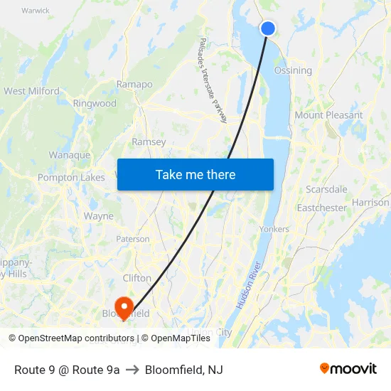 Route 9 @ Route 9a to Bloomfield, NJ map