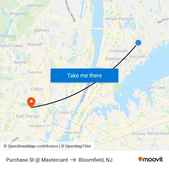Purchase St @ Mastercard to Bloomfield, NJ map