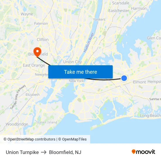 Union Turnpike to Bloomfield, NJ map
