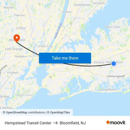 Hempstead Transit Center to Bloomfield, NJ map
