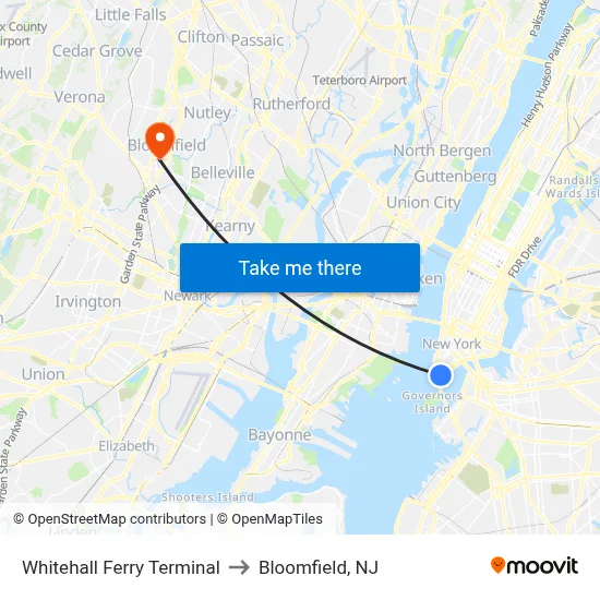 Whitehall Ferry Terminal to Bloomfield, NJ map