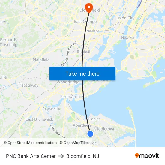 PNC Bank Arts Center to Bloomfield, NJ map