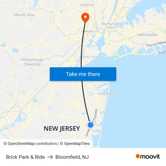 Brick Park & Ride to Bloomfield, NJ map