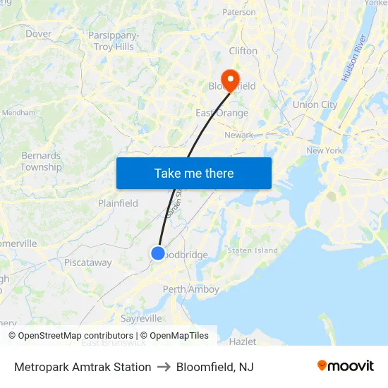 Metropark Amtrak Station to Bloomfield, NJ map