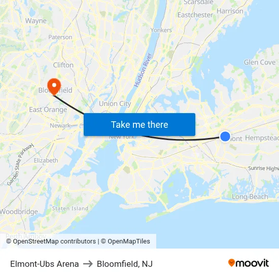 Elmont-Ubs Arena to Bloomfield, NJ map