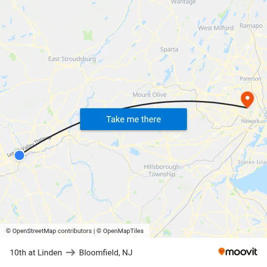 10th at Linden to Bloomfield, NJ map