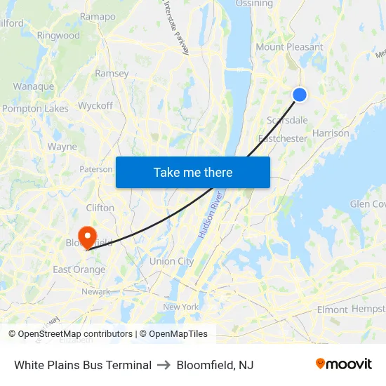White Plains Bus Terminal to Bloomfield, NJ map
