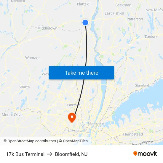 17k Bus Terminal to Bloomfield, NJ map