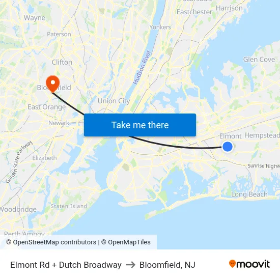 Elmont Rd + Dutch Broadway to Bloomfield, NJ map