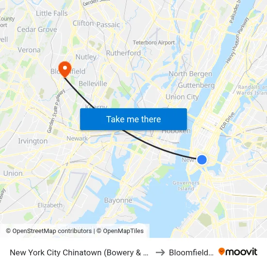New York City Chinatown (Bowery & Canal St) to Bloomfield, NJ map