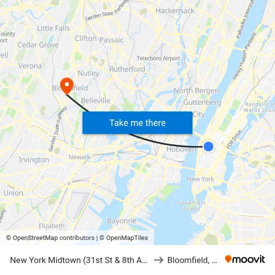 New York Midtown (31st St & 8th Ave) to Bloomfield, NJ map