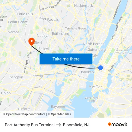 Port Authority Bus Terminal to Bloomfield, NJ map