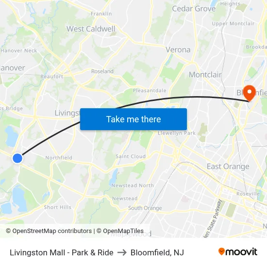 Livingston Mall - Park & Ride to Bloomfield, NJ map