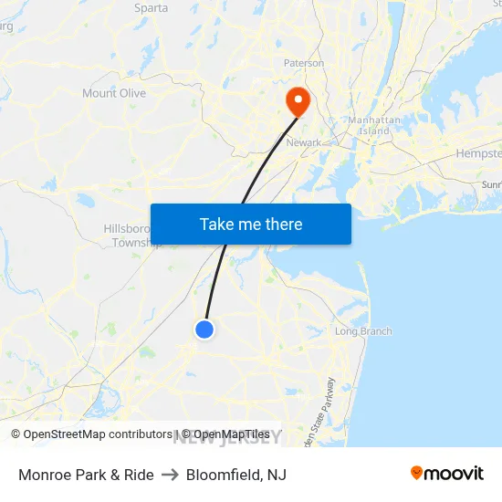 Monroe Park & Ride to Bloomfield, NJ map