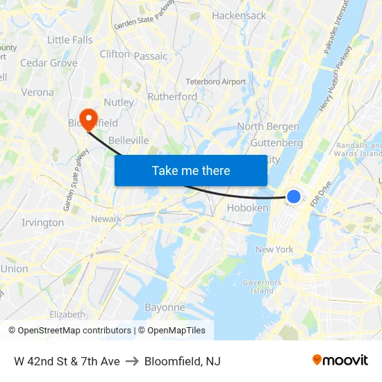 W 42nd St & 7th Ave to Bloomfield, NJ map