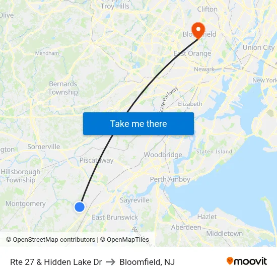 Rte 27 & Hidden Lake Dr to Bloomfield, NJ map