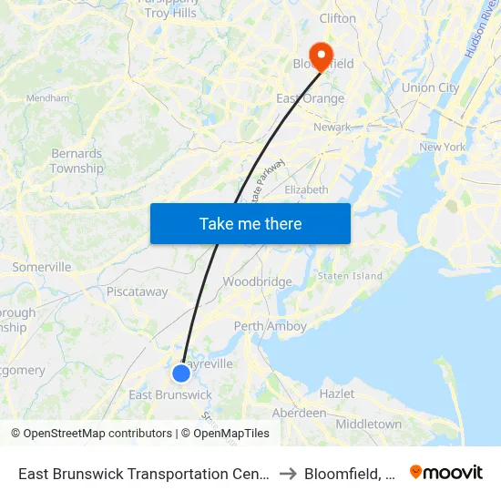 East Brunswick Transportation Center to Bloomfield, NJ map