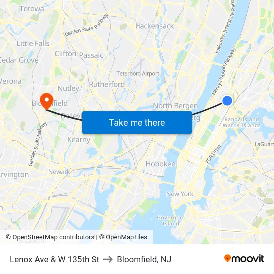 Lenox Ave & W 135th St to Bloomfield, NJ map