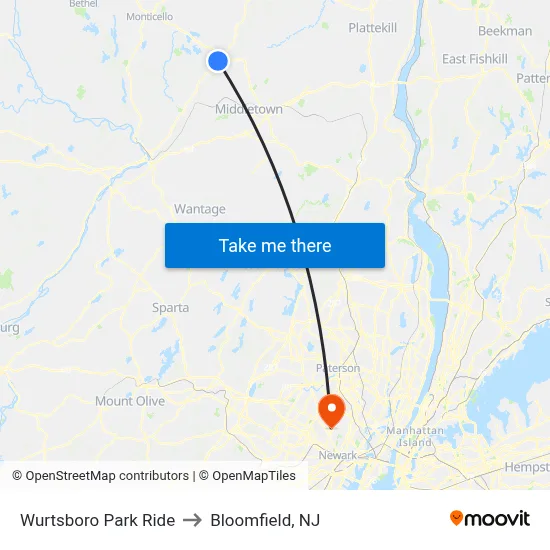 Wurtsboro Park Ride to Bloomfield, NJ map