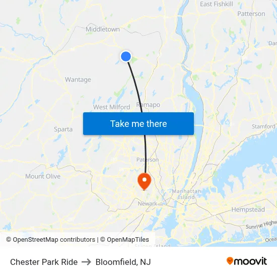 Chester Park Ride to Bloomfield, NJ map