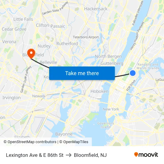 Lexington Ave & E 86th St to Bloomfield, NJ map