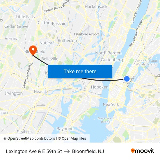 Lexington Ave & E 59th St to Bloomfield, NJ map